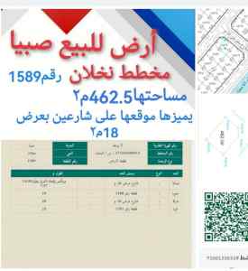 نخلان مخطط صبيا ارض على شارعين للبيع مساحة462